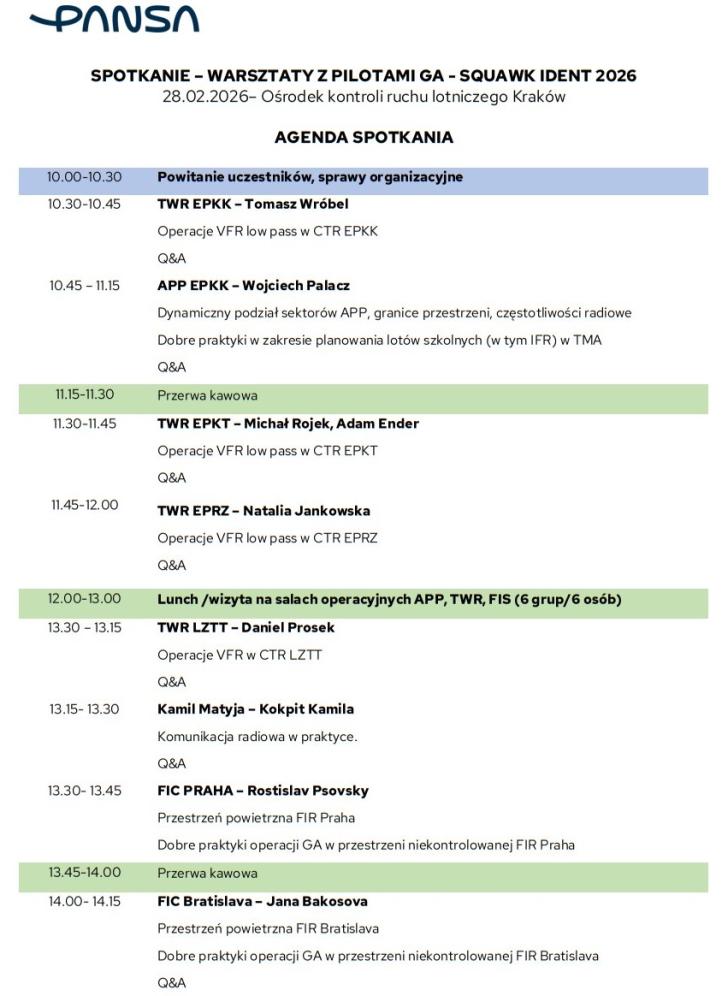 Warsztaty GA - Squawk Ident 2026 w Krakowie - agenda (fot. PAŻP)3
