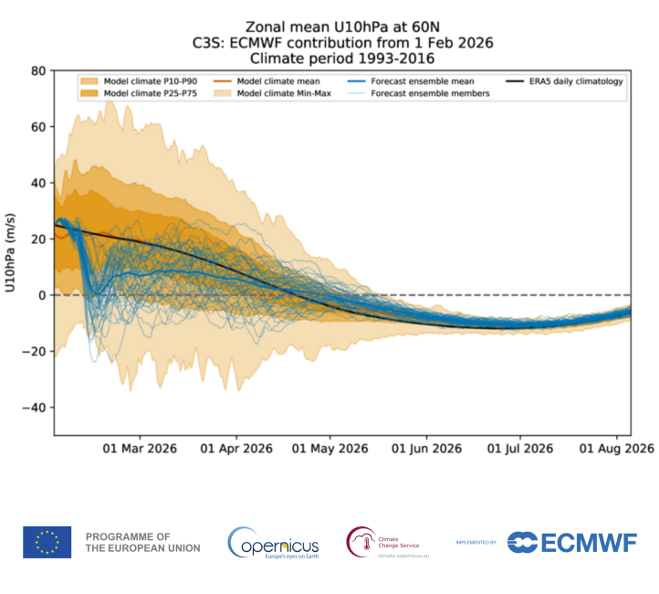 Średni wiatr strefowy U na 10 hPa (60°N) (fot. ECMWF)