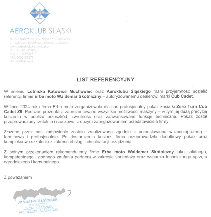 Aeroklub Śląski - list referencyjny dla kosiarki zero-turn Cub Cadet Z9