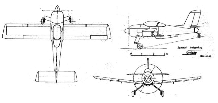 Aviata GM-1 'Gniady', rysunek w trzech rzutach. (fot. Skrzydlata Polska nr 17-1990)