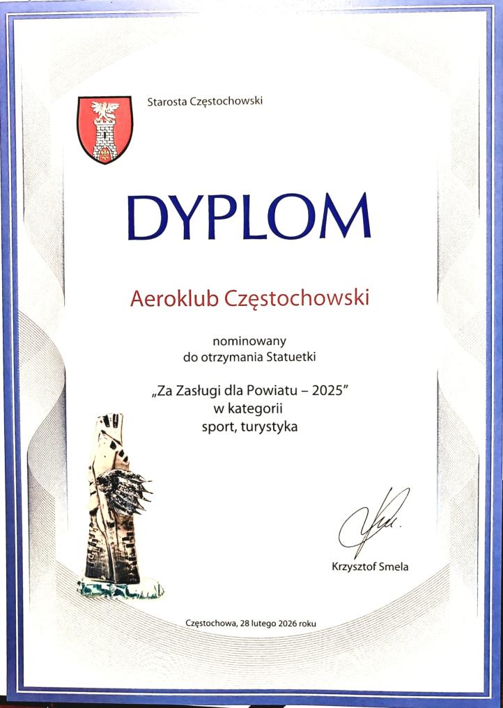 Nominacja Aeroklubu Częstochowskiego do statuetki 'Za Zasługi dla Powiatu - 2025' w kategorii Sport i Turystyka (fot. Aeroklub Częstochowski)