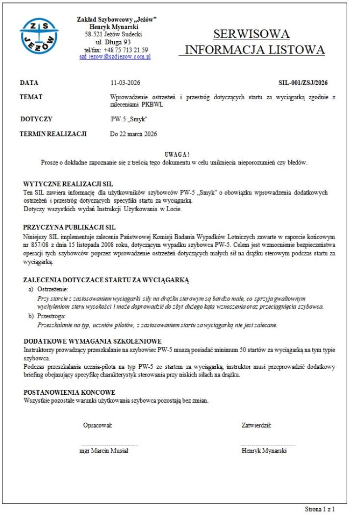 Serwisowa Informacja Listowa PW-5 Smyk, fot. Zakład Szybowcowy Jeżów