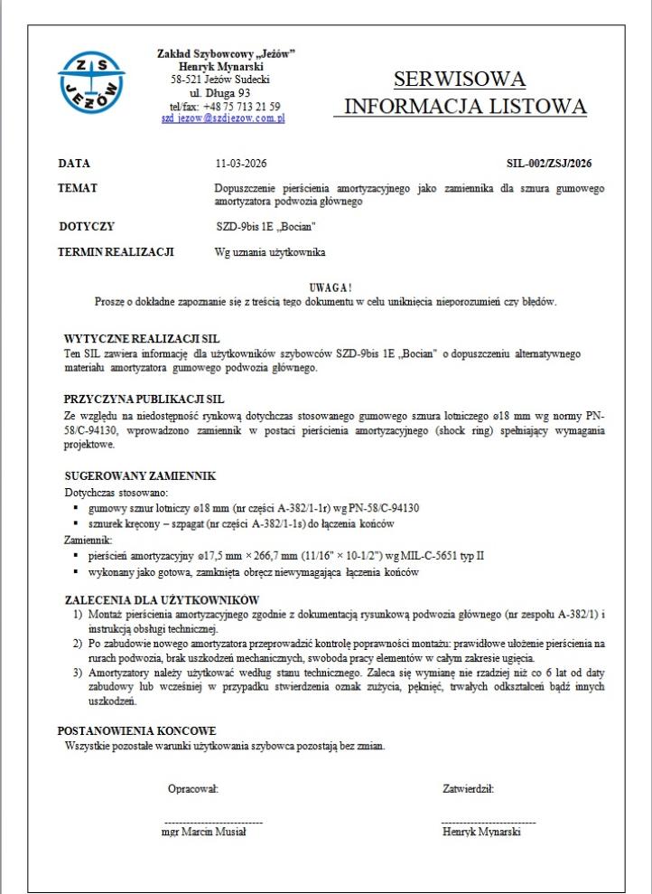 Serwisowa Informacja Listowa SZD-9bis 1E Bocian, fot. Zakład Szybowcowy Jeżów