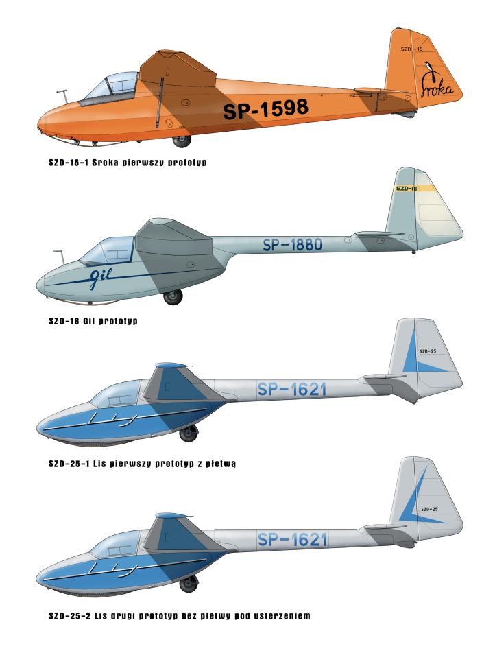 Szybowce treningowe SZD-16 Gil, SZD-15A Sroka i SZD-25A Lis (fot. Bydgoski Klub Seniorów Lotnictwa)2