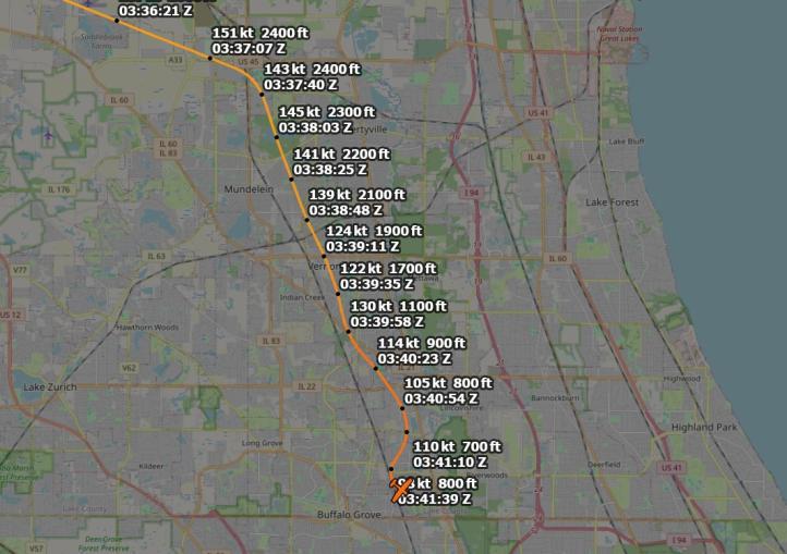 Wizualizacja lotu CessnyT210M, która rozbiła sie w Chicago, fot. adsbexchange