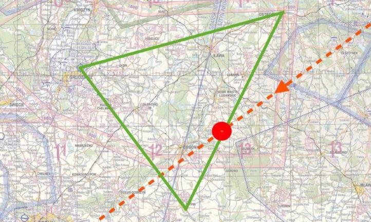 Wyznaczony rejon rozgrywania konkurencji dla szybowców oraz prawdopodobna trasa przelotu samolotu Extra EA 300 wraz z miejscem napotkania grupy szybowców (fot. PAŻP)