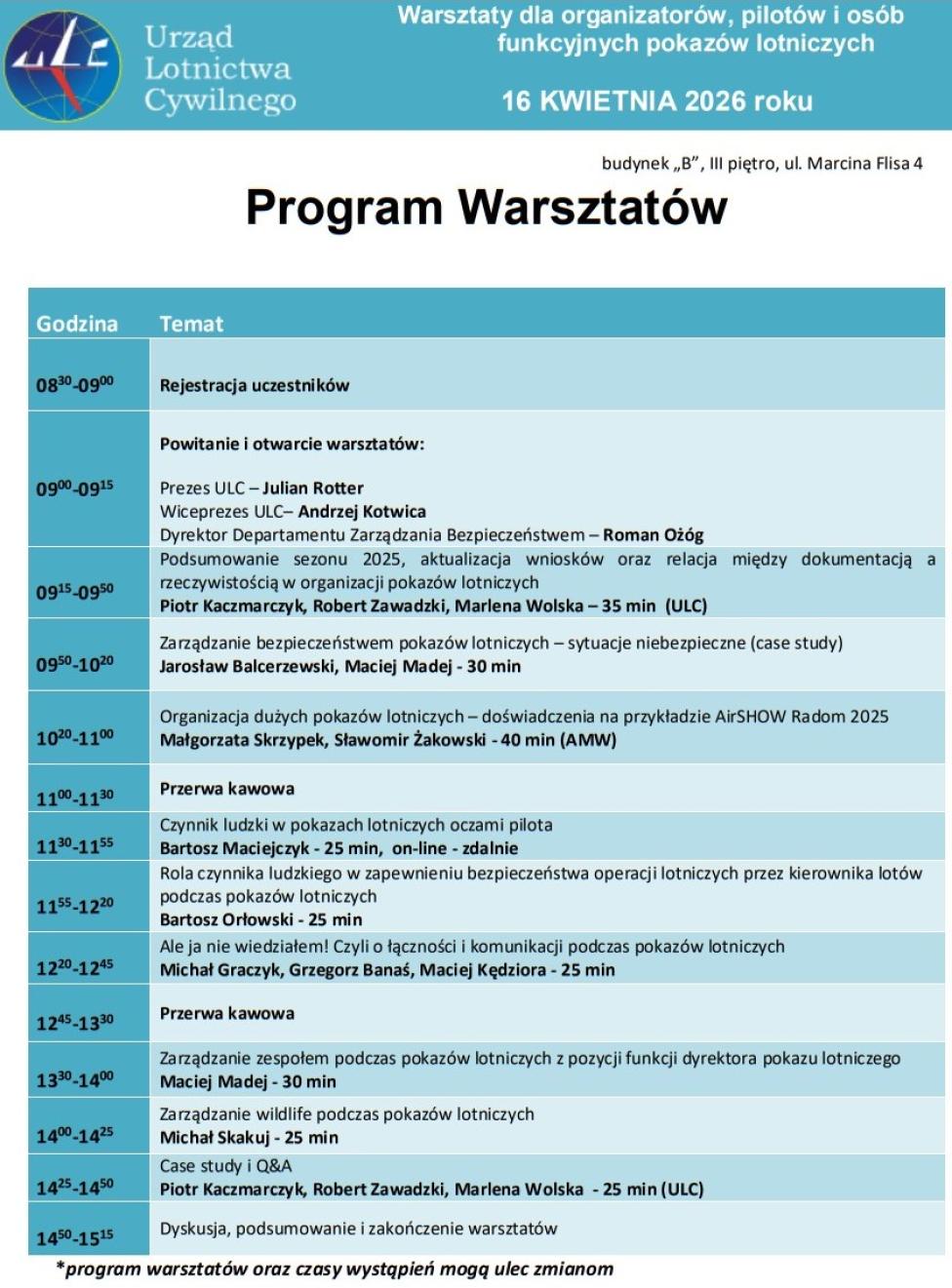 Wiosenne Warsztaty - Organizacja Pokazów Lotniczych w sezonie 2026 - program (fot. ULC)