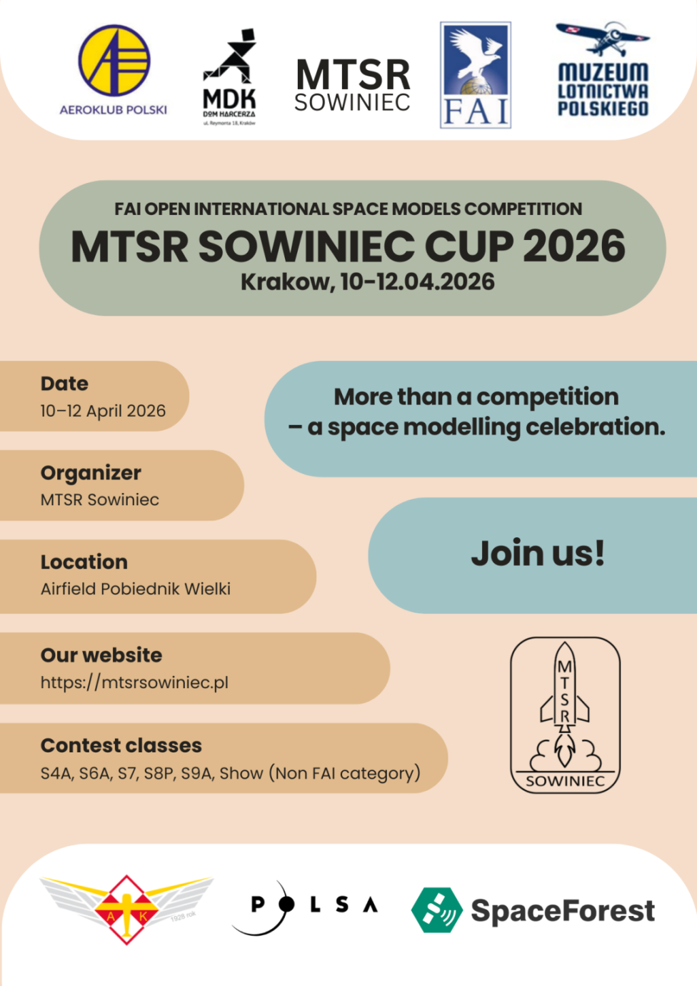 Zawody Modeli Kosmicznych MTSR SOWINIEC CUP 2026 - plakat (fot. mtsrsowiniec.pl)