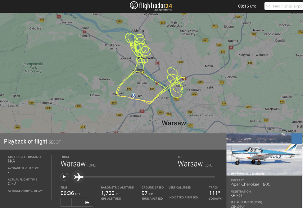 Trasa lotu samolotu Piper PA-28 -180 Cherokee C o znakach rejestracyjnych SE-EOT (fot. flightradar24.com)