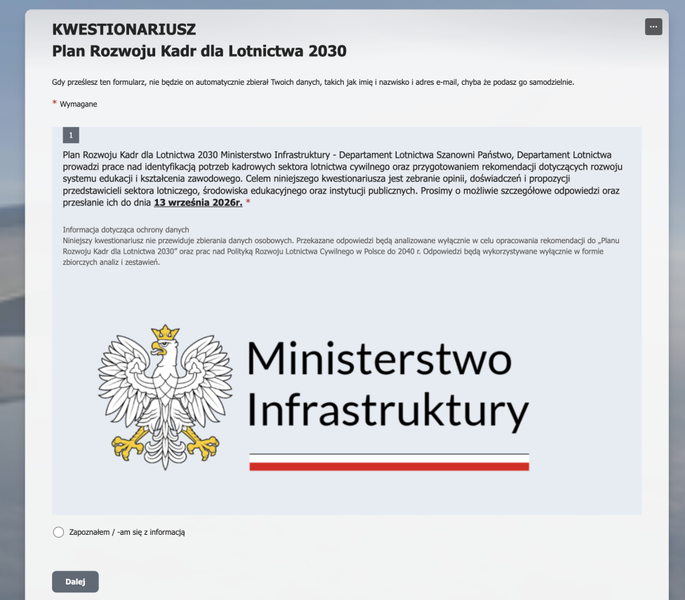MI: KWESTIONARIUSZ Plan Rozwoju Kadr dla Lotnictwa 2030