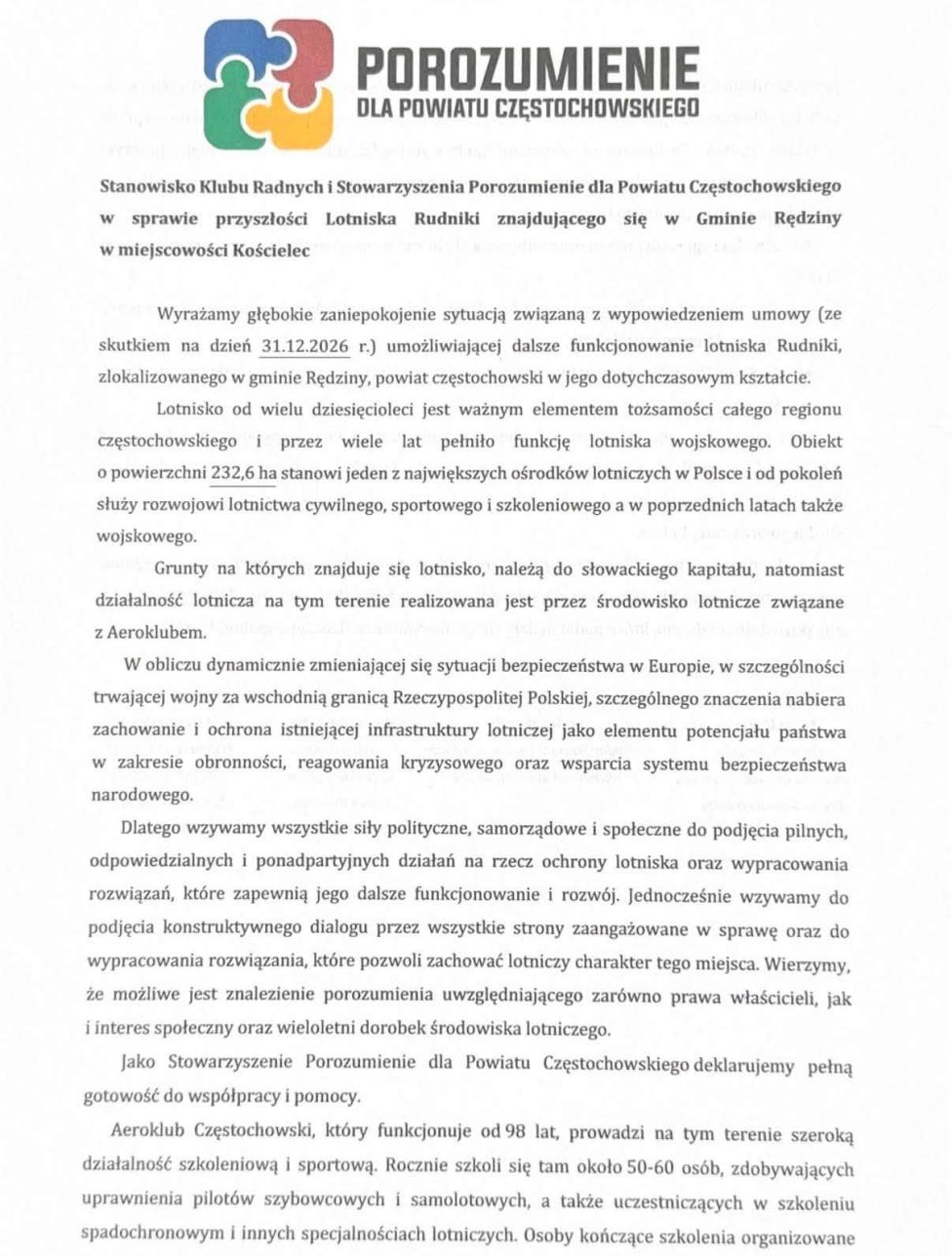 Stanowisko Klubu Radnych i Stowarzyszenia Porozumienie dla Powiatu Częstochowskiego w sprawie przyszłości Lotniska Rudniki - 1 (fot. Porozumienie dla Powiatu Częstochowskiego)