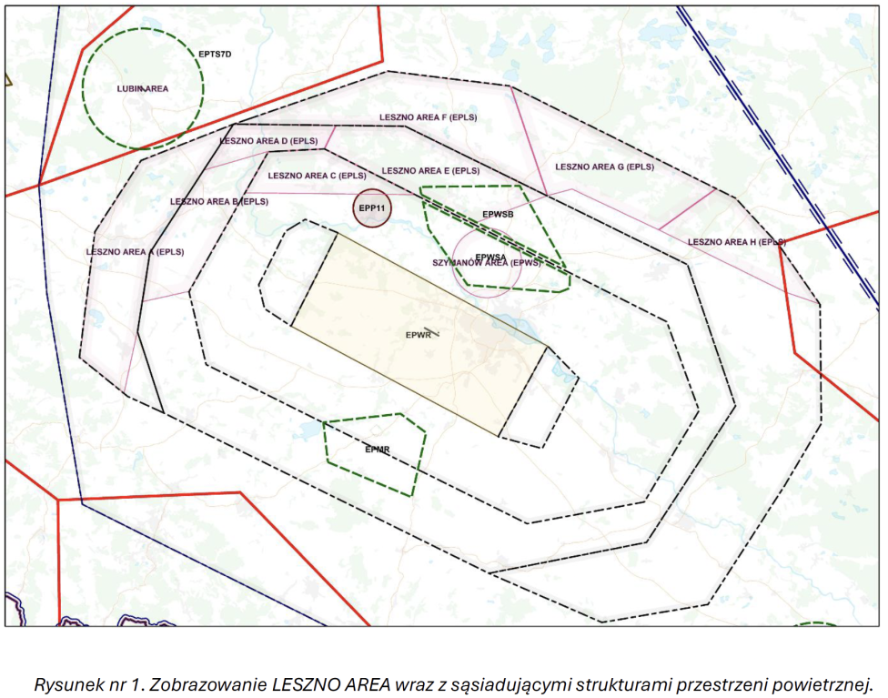 Rysunek nr 1. Zobrazowanie LESZNO AREA wraz z sąsiadującymi strukturami przestrzeni powietrznej.
