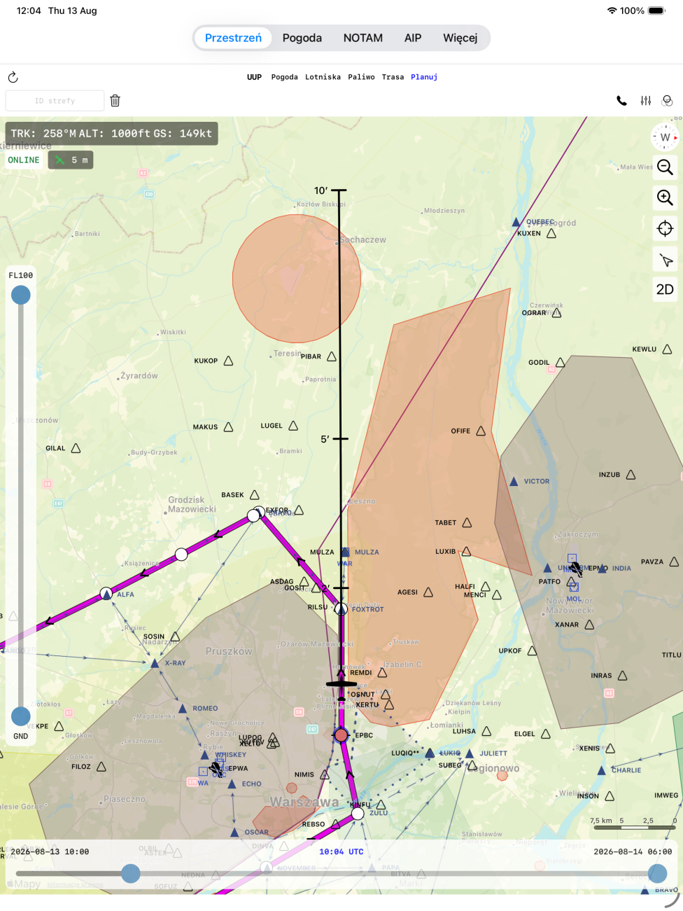 AeroPlan tryb lotu: mapa z filtrowaniem stref wg wysokości