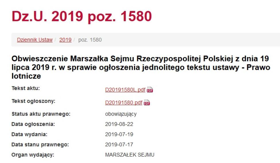 Obwieszczenie Marszałka Sejmu RP w sprawie ogłoszenia jednolitego tekstu ustawy - Prawo lotnicze