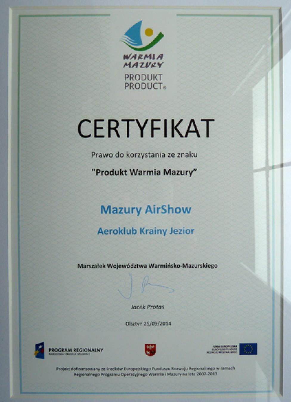 "Mazury AirShow" wyróżnione ... certyfikatem "Produkt Warmia Mazury" !!!