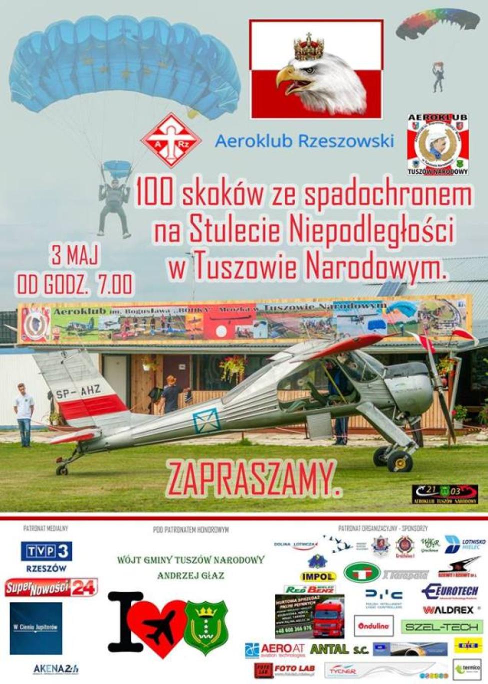 100 skoków ze spadochronem na 100 lat Niepodległości w Tuszowie Narodowym