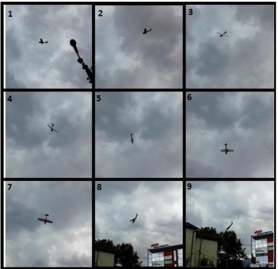 Sekwencja poklatkowych zdjęć obrazująca przeciągnięcie i korkociąg samolotu