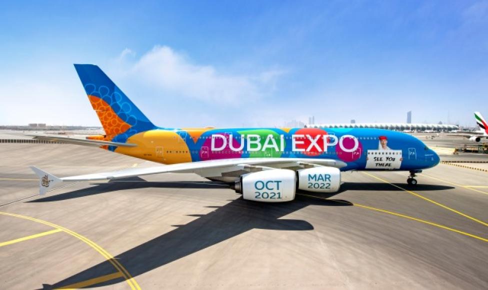 A380 linii Emirates w nowych barwach promujących Wystawę Światową Expo 2020 w Dubaju (fot. Emirates)