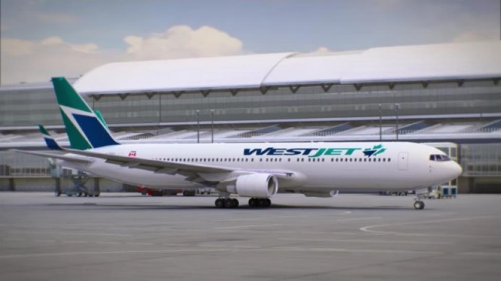 B767-300ERW WestJet Airlines na płycie lotniska (fot. kadr z filmu na youtube.com)