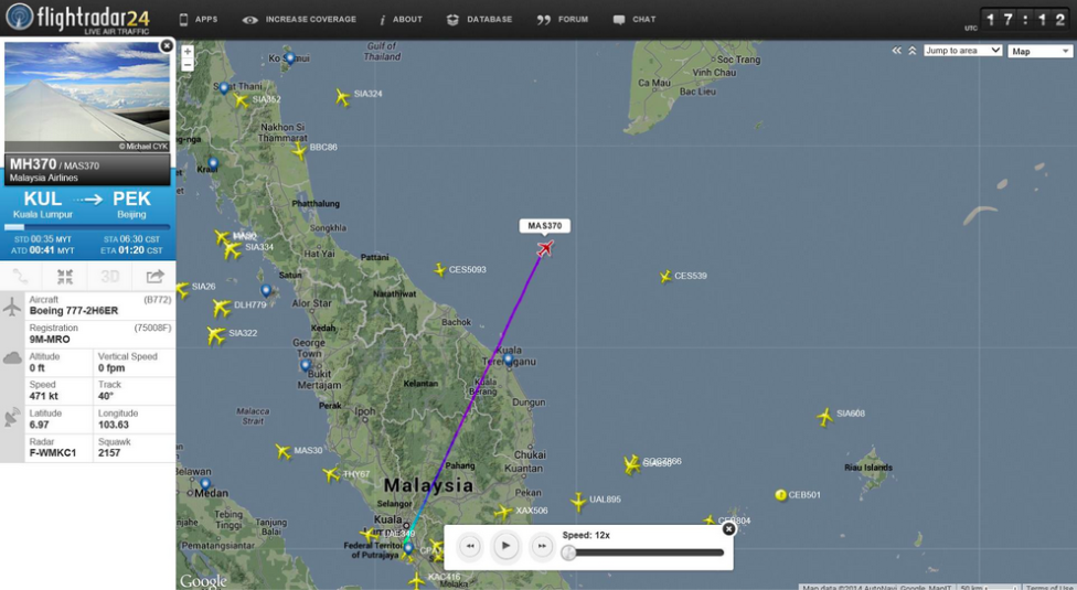 Przybliżona pozycja katastrofy Boeinga 777 lot numer MH370