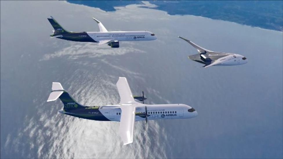 Flota zeroemisyjnych statków powietrznych ZEROe w locie (fot. Airbus)