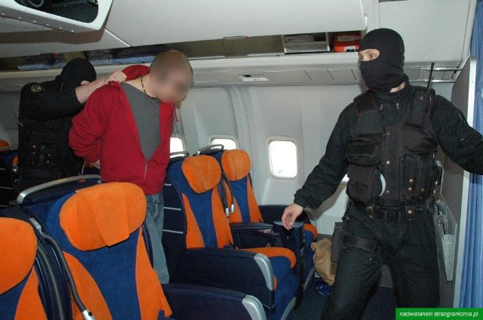 Interwencja funkcjonariuszy GIS na pokładzie samolotu (fot. archiwum NwOSG)