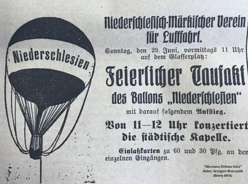 Ogłoszenie o chrzcie balonu z "Niederschlesische Tageblatt" (fot. Zbiory APZG)
