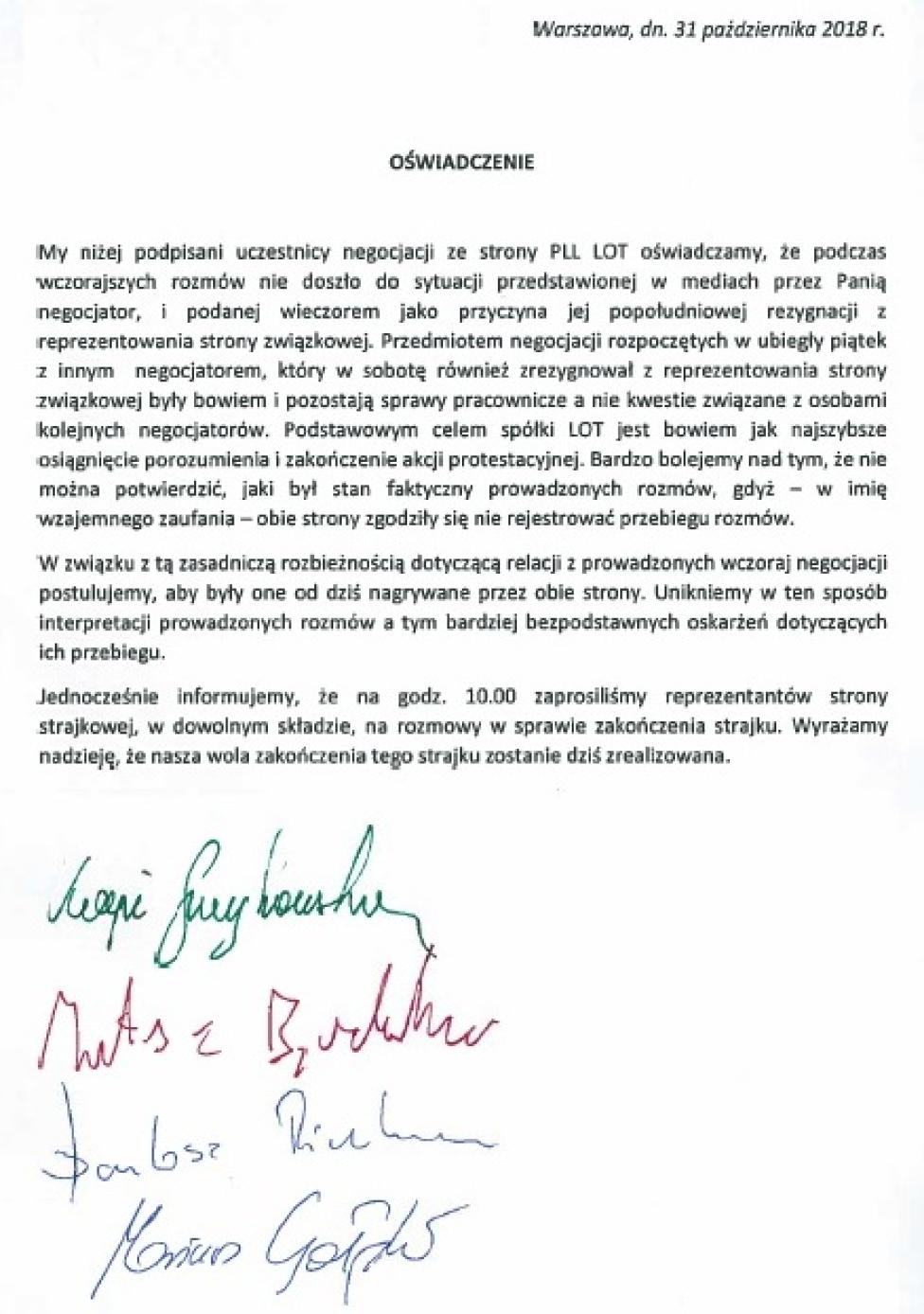 Oświadczenie PLL LOT dot. informacji o przyczynach rezygnacji negocjatora z reprezentowania strony związkowej