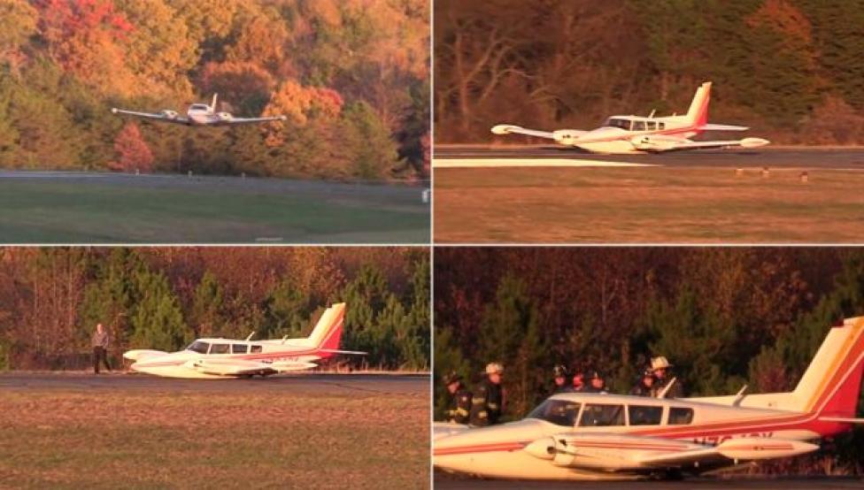 Lądowanie samolotu Piper PA-30 mimo awarii podwozia (fot. YT/Southern Maryland News Net)