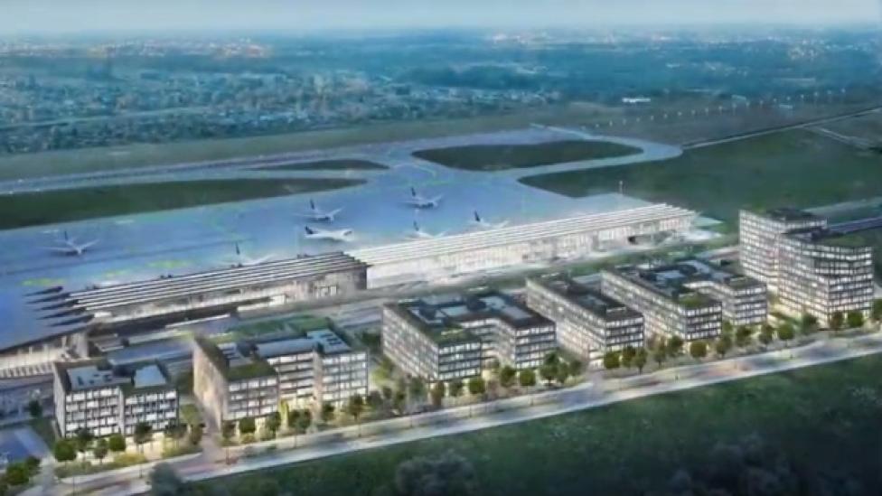 Wizualizacja Airport City Gdańsk na gdańskim lotnisku (fot. kadr z filmu na youtube.com)