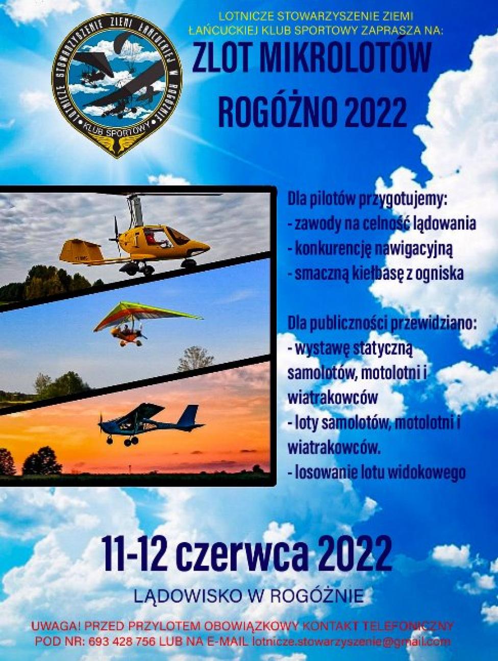 Zlot Mikrolotów Rogóżno 2022 (fot. Lotnicze Stowarzyszenie Ziemi Łańcuckiej w Rogóżnie) Zlot Mikrolotów Rogóżno 2022 (fot. Lotnicze Stowarzyszenie Ziemi Łańcuckiej w Rogóżnie)