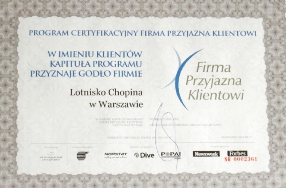 Lotnisko Chopina - Firma Przyjazna Klientowi - certyfikat 