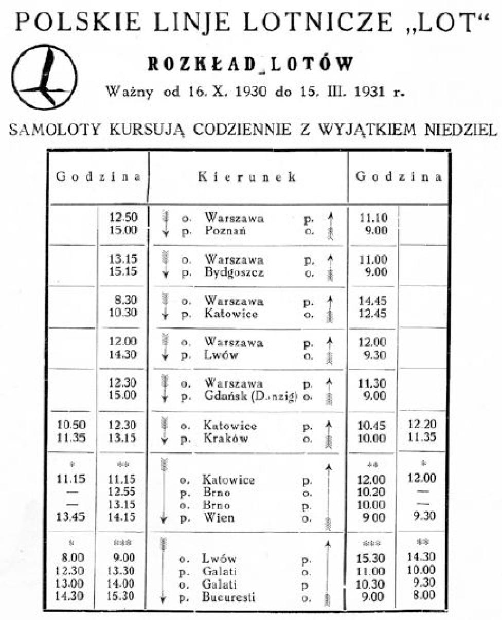 Plakat reklamowy z rozkładem lotów PLL LOT zima 1930/1931r.