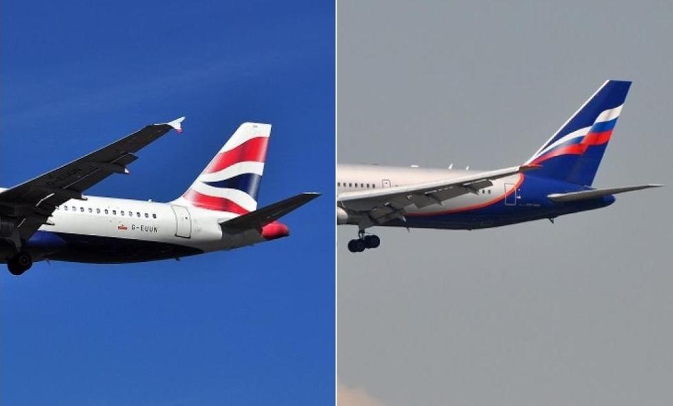 Ogony samolotów w locie: A320 linii British Airways i B767 linii Aerofłot (fot. Beata May,Wikipedia/Aerofłot)