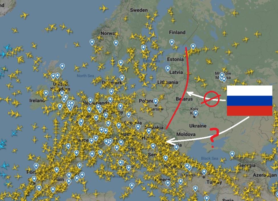 Przestrzeń powietrzna UE zamknięta dla Rosji (fot. flightradar24.com)