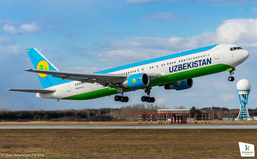 B767-300ER należący do Uzbekistan Airways - start z Portu Lotniczego Katowice (fot. Piotr Adamczyk/PR KTW)
