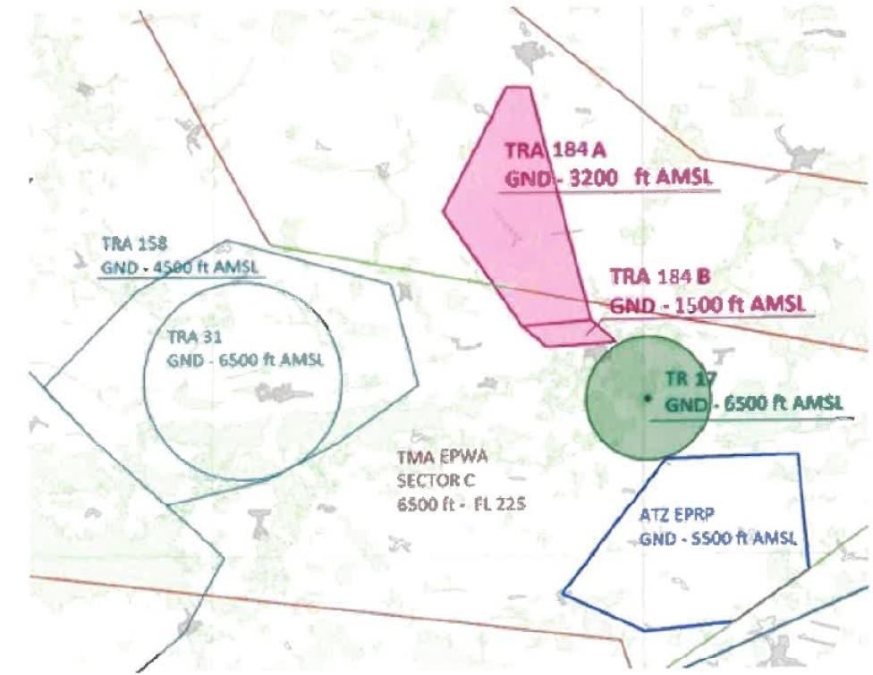 Wizualizacja strefy TR17 nad lądowiskiem Brzeska Wola EPBI