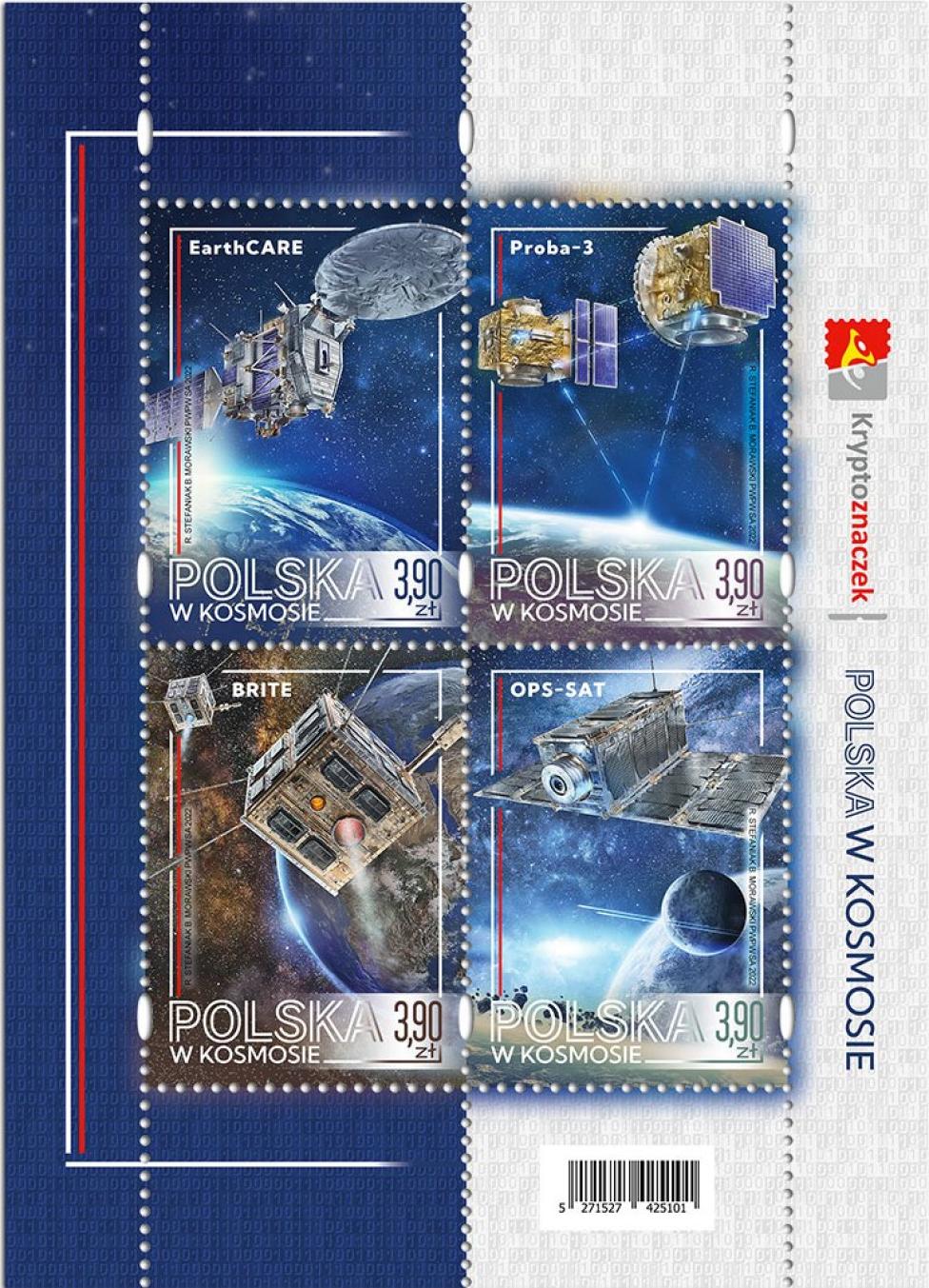 "Polska w kosmosie" – cztery znaczki poświęcone misjom w ramach projektów międzynarodowych (fot. Poczta Polska)
