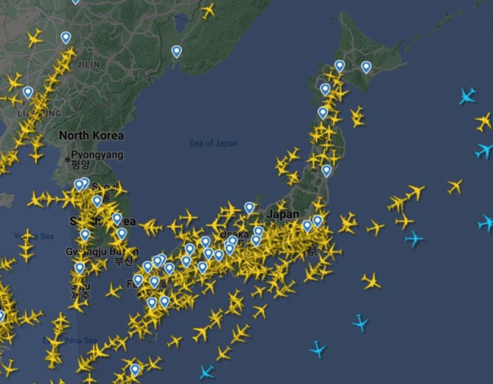 Ruch lotniczy nad Japonią (fot. flightradar24.com)