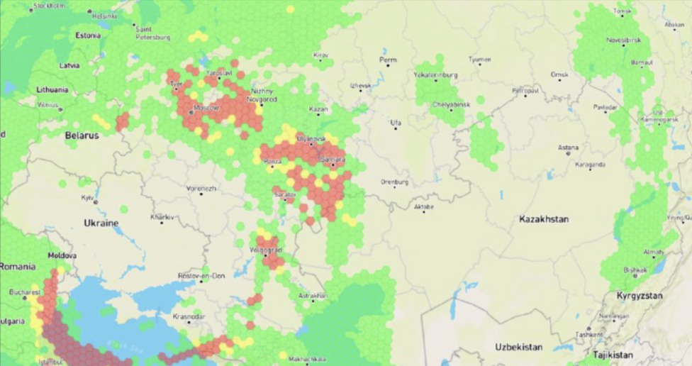 Mapa zagłuszania sygnału GPS w Rosji, fot. themoscowtimes