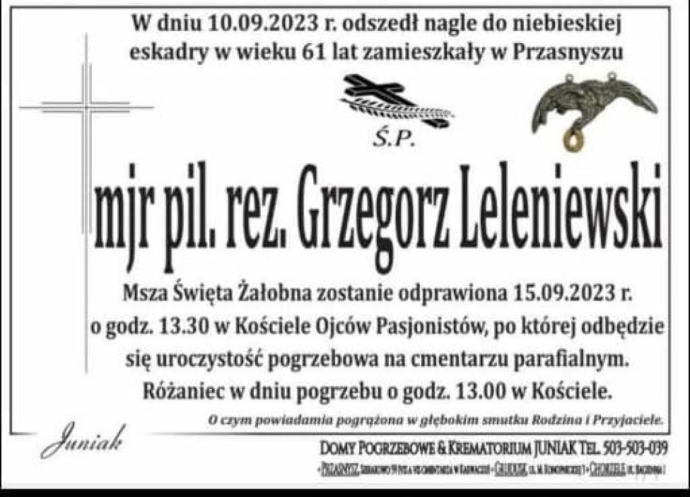 Mjr pil. rez. Grzegorz Leleniewski - nekrolog (fot. 42. Baza Lotnictwa Szkolnego)