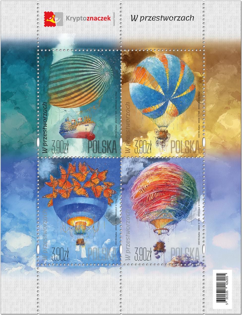 Cztery znaczki przedstawiające w akwareli Andrzeja Gosika surrealistyczne balony (fot. Poczta Polska)