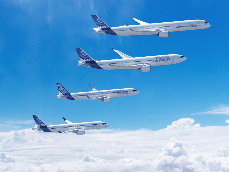 Flota Airbusa A350-1000, A330-900, A321, A220-300 w locie (fot. Airbus)