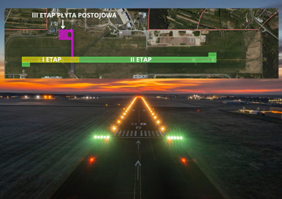 Lotnisko Mielec - oświetlony pas startowy i trzy etapy inwestycji (fot. UM Mielec)