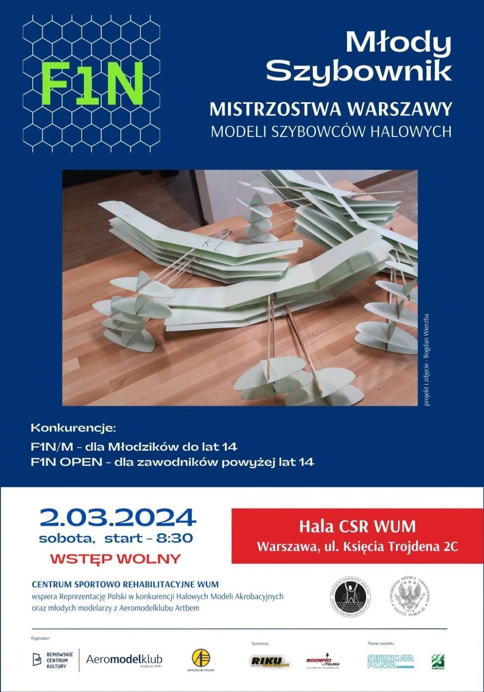Młody Szybownik - Mistrzostwa Warszawy Modeli Szybowców Halowych dla Młodzików 2024 - plakat (fot. Bemowskie Centrum kultury)