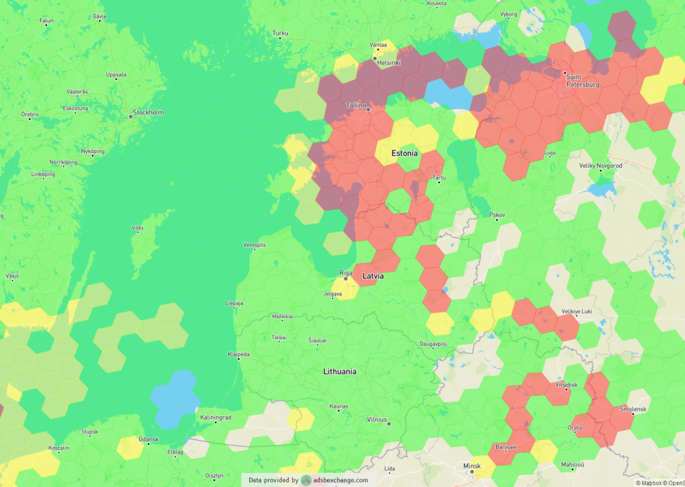 Zakłócenia GPS w Estonii (24.01.2024) (fot. gpsjam.org)