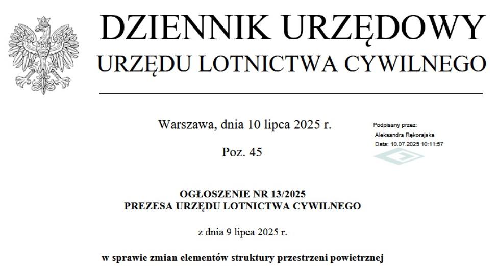 Ogłoszenie Prezesa ULC w sprawie zmian elementów struktury przestrzeni powietrznej_07_2025