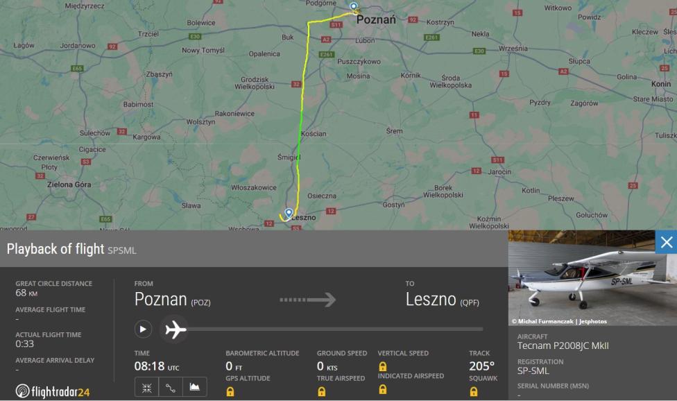 Trasa samolotu Tecnam P2008JC MkII (SP-SML) (fot. flightradar24.com) Trasa samolotu Tecnam P2008JC MkII (SP-SML) (fot. flightradar24.com)