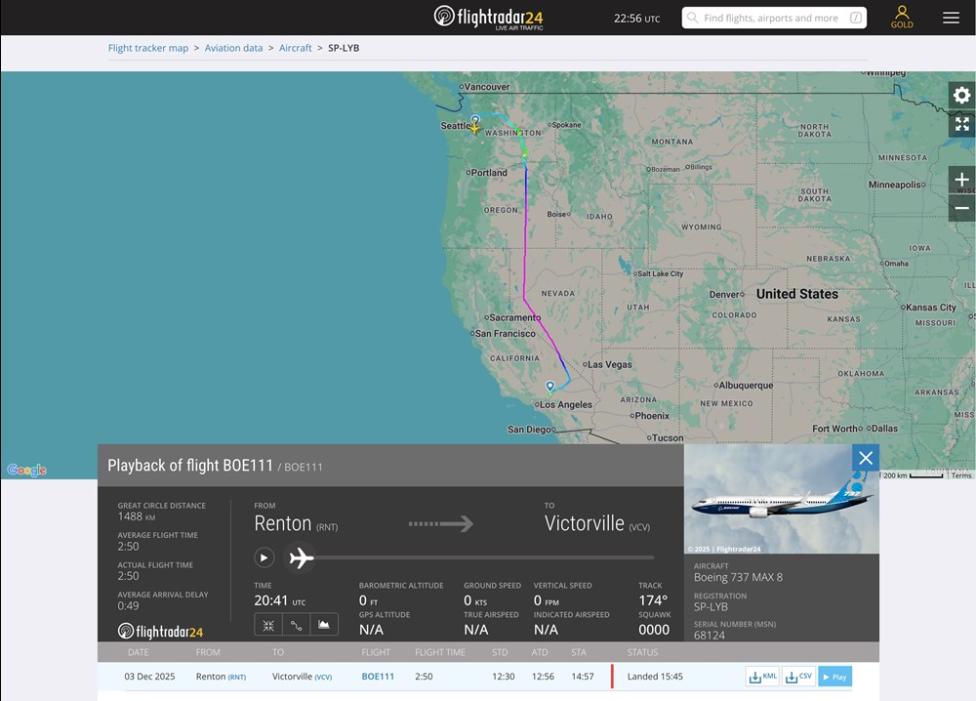 Pierwszy lot techniczny B737 MAX (SP-LYB) dla PLL LOT (fot. Flightradar24.com)