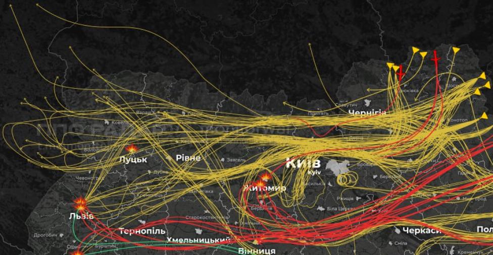 Wizualizacja wtargnięcia rosyjskich dronów w polską przestrzeń powietrzną (fot. ППО радар - monitorwar; mon1tor_ua, CC BY 4.0, Wikimedia Commons)